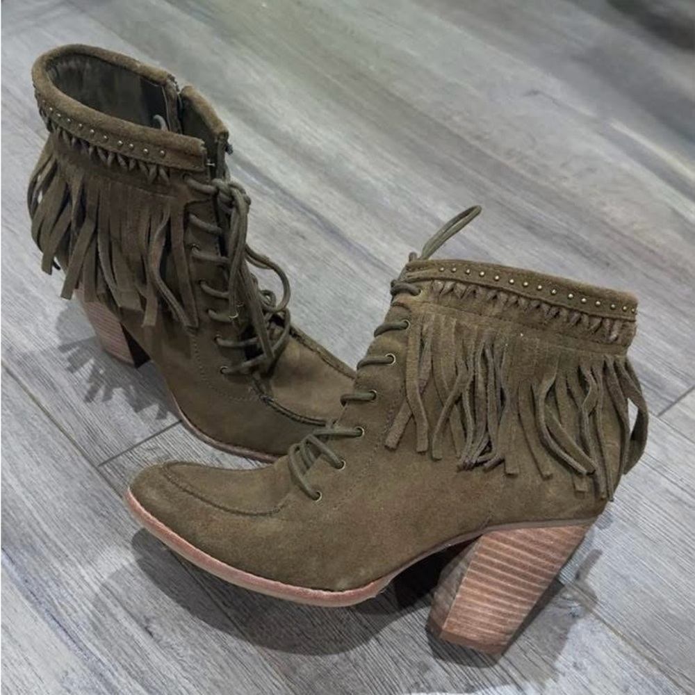 Gianni Bini Olive Fringe Suede Ankle Booties